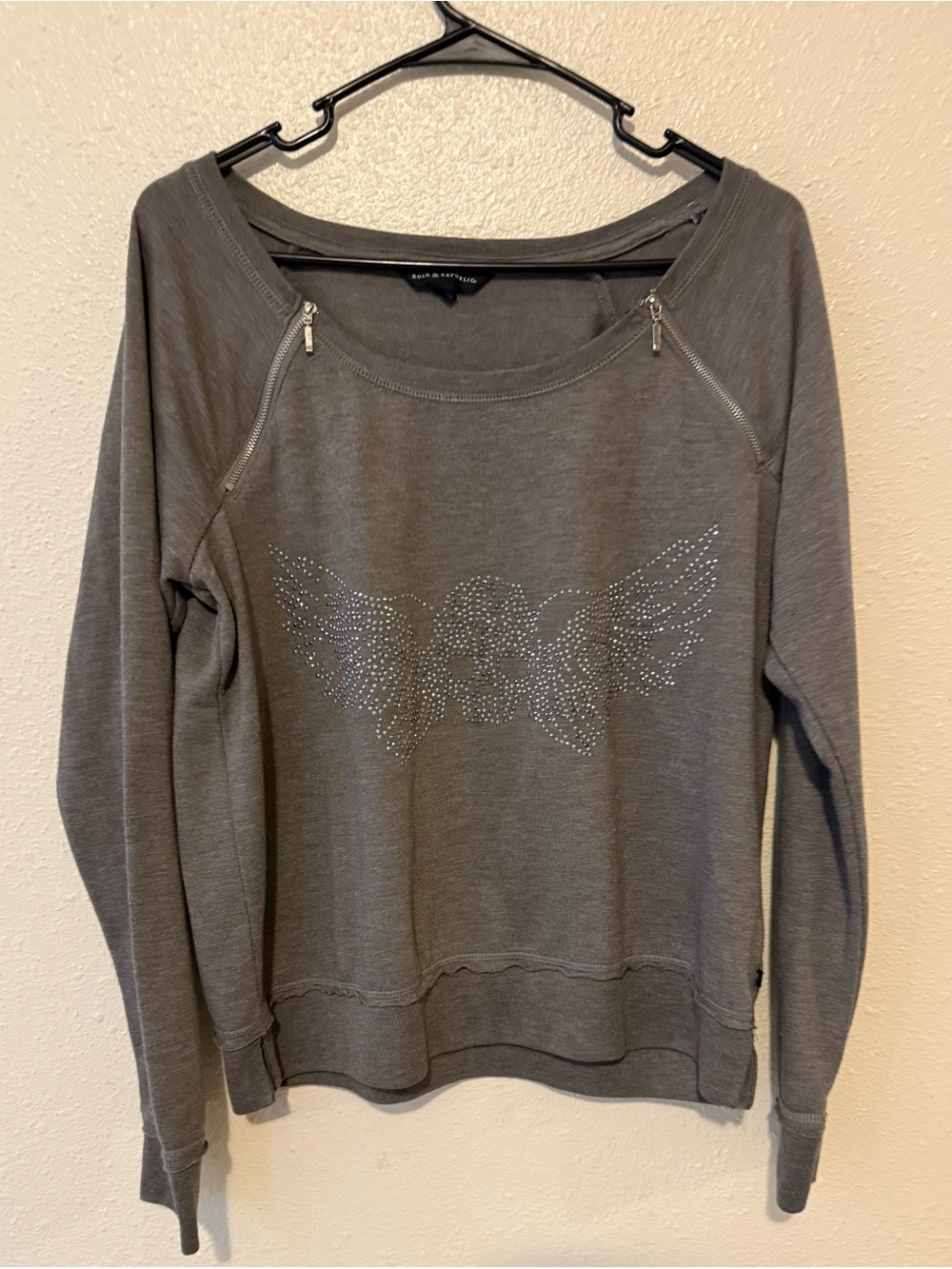 Rock & Republic Charcoal Gray Rhinestone Wing Pullover